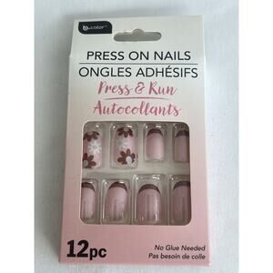 B•Color Press On Nails 12 Pc No Glue Needed Pink Red Floral Valentine’s Day NEW